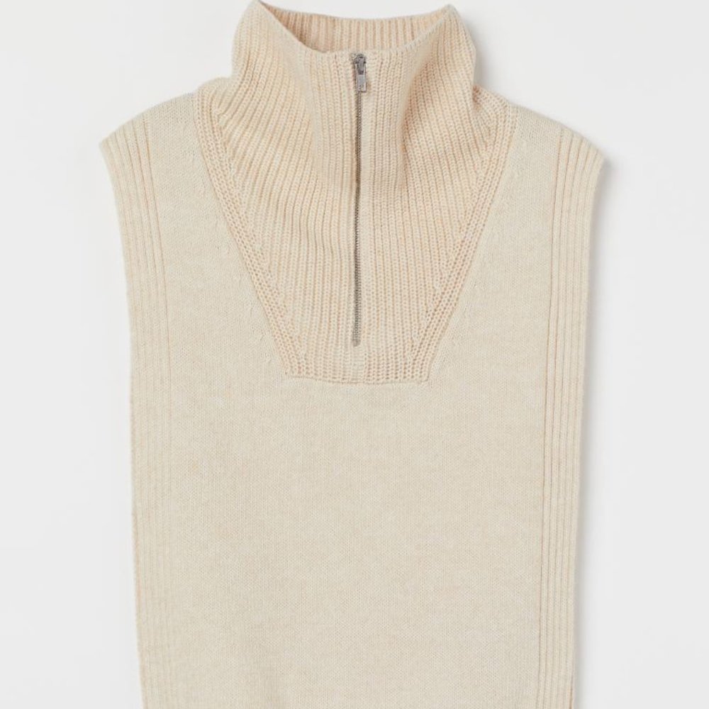 H&M Rib-Knit‎ Collar with Zipper Light beige melange Wool Blend Turtleneck Vest